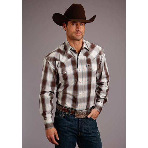 Men's Stetson Shirt Snap 2 Pocket Plaid Brown & Aqua Ombre - Brown - yeehawcowboy