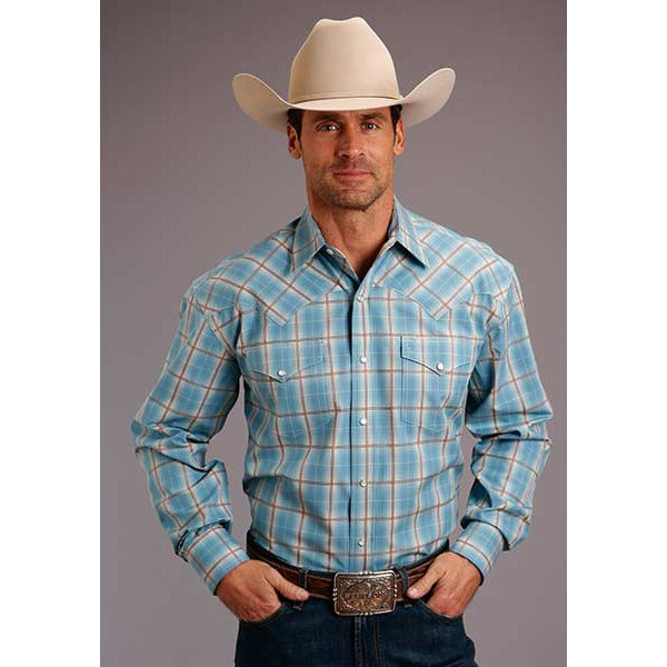 Men's Stetson Shirt Snap 2 Pocket Plaid Turquoise Ombre - Green - yeehawcowboy