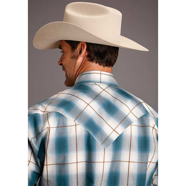 Men's Stetson Shirt Snap 2 Pocket Plaid Steel Ombre - Blue - yeehawcowboy