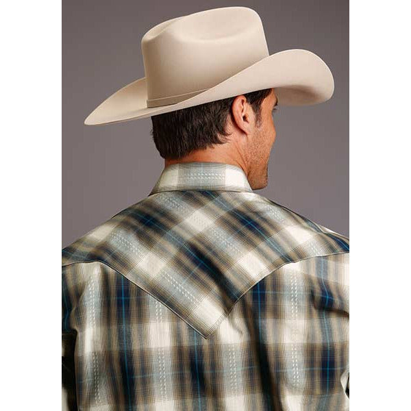 Men's Stetson Shirt Snap 2 Pocket Plaid Ranch Dobby - Brown - yeehawcowboy
