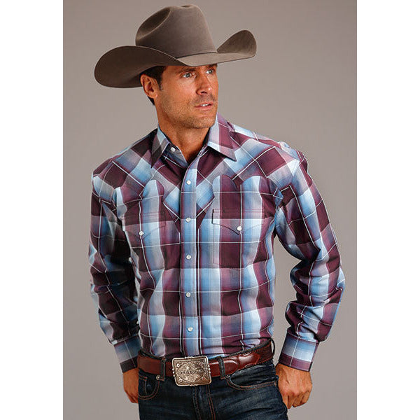 Men's Stetson Shirt Snap 2 Pocket Plaid Wine Buffalo Plaid - yeehawcowboy