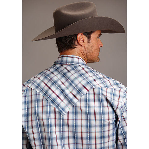 Men's Stetson Shirt Snap 2 Pocket Plaid Blue Diamond Dobby - yeehawcowboy