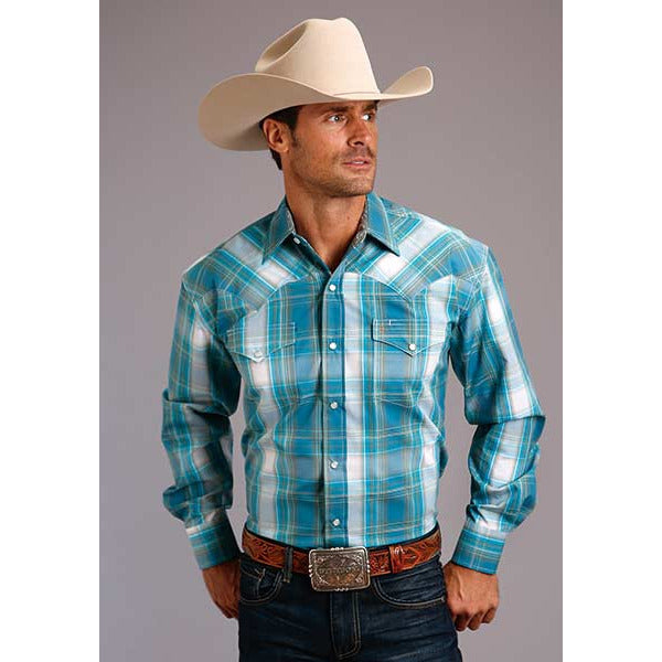 Men's Stetson Shirt Snap 2 Pocket Teal Plaid - Blue - yeehawcowboy
