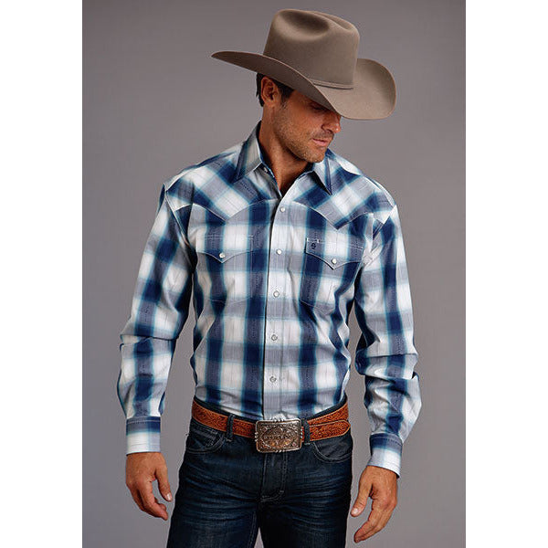 Men's Stetson Shirt Snap 2 Pocket Plaid Ice Ombre - Blue - yeehawcowboy