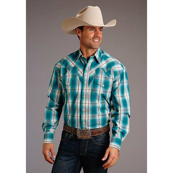 Men's Stetson Shirt Snap 2 Pocket Plaid Desert Valley Ombre - Green - yeehawcowboy
