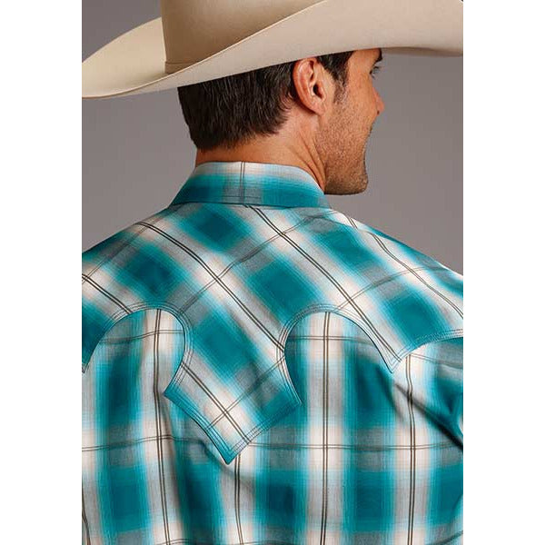Men's Stetson Shirt Snap 2 Pocket Plaid Desert Valley Ombre - Green - yeehawcowboy