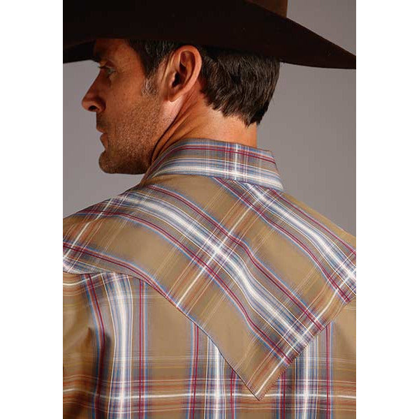 Men's Stetson Shirt Snap 2 Pocket Plaid Golden Plaid - Brown - yeehawcowboy