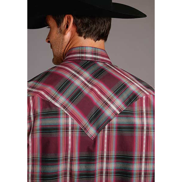 Men's Stetson Shirt Snap 2 Pocket Plaid Red Canyon Dobby - Wine - yeehawcowboy