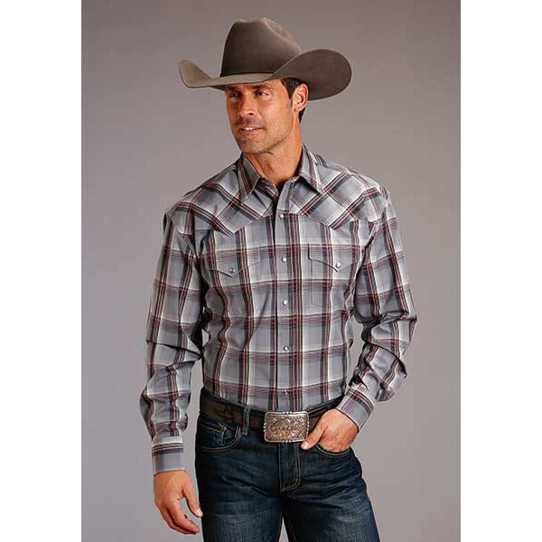 Men's Stetson Shirt Snap 2 Pocket Plaid Ash Ombre - Grey - yeehawcowboy