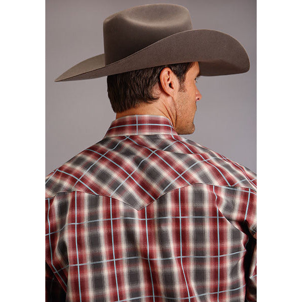 Men's Stetson Shirt Snap 2 Pocket Plaid Red Slate - Red - yeehawcowboy