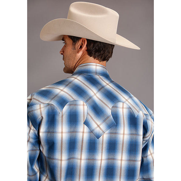 Men's Stetson Shirt Snap 2 Pocket Plaid Indigo Ombre - Blue - yeehawcowboy