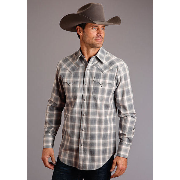 Men's Stetson Shirt Snap 2 Pocket Plaid Dobby Twill - Brown - yeehawcowboy