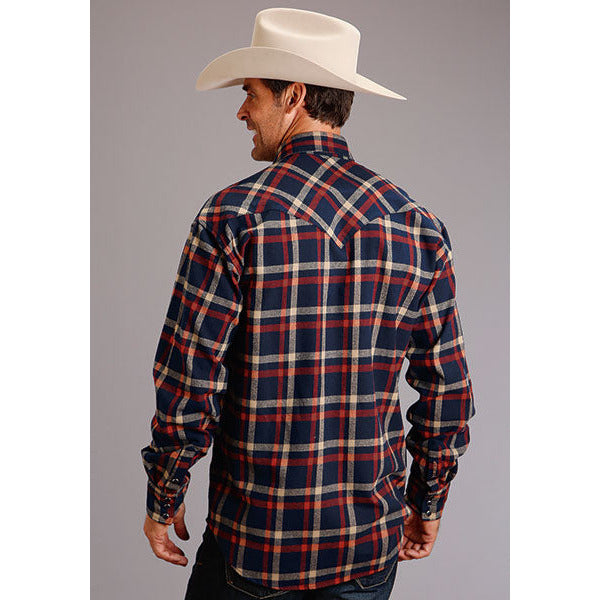 Men's Stetson Shirt Snap 2 Pocket Plaid Brushed Twill - Blue - yeehawcowboy
