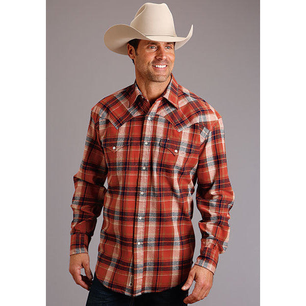 Men's Stetson Shirt Snap 2 Pocket Plaid Brushed Twill - Orange - yeehawcowboy