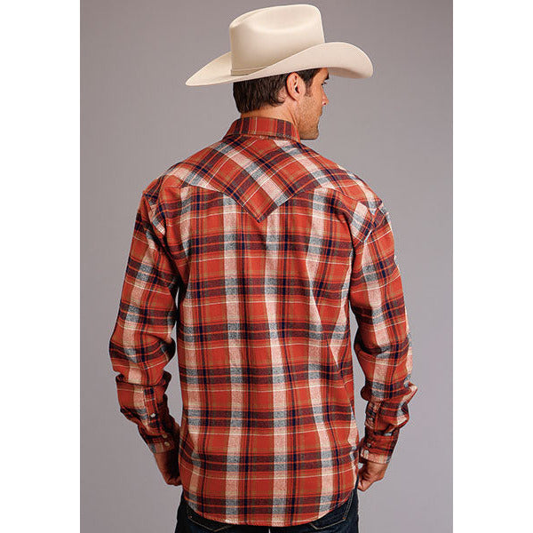 Men's Stetson Shirt Snap 2 Pocket Plaid Brushed Twill - Orange - yeehawcowboy