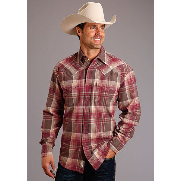Men's Stetson Shirt Snap 2 Pocket Plaid Brushed Twill - Wine - yeehawcowboy
