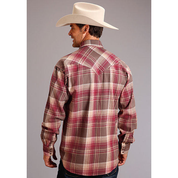 Men's Stetson Shirt Snap 2 Pocket Plaid Brushed Twill - Wine - yeehawcowboy