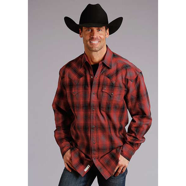 Men's Stetson Shirt Snap 2 Pocket Plaid Brushed Twill - Red - yeehawcowboy