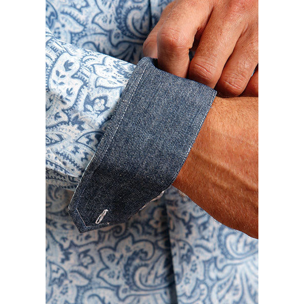 Men's Stetson Shirt Button 1 Open Pocket Print Blue Tooling Paisley - yeehawcowboy