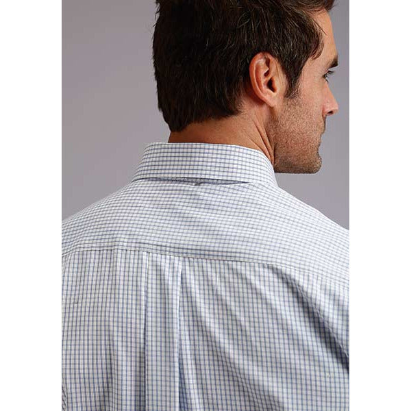 Men's Stetson Shirt Button 1 Pocket Plaid Two Stripe Check - Light Blue - yeehawcowboy