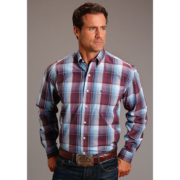 Men's Stetson Shirt Button 1 Pocket Plaid Wine Buffalo Plaid - yeehawcowboy