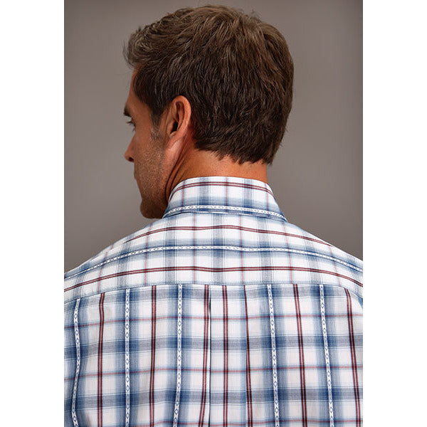 Men's Stetson Shirt Button 1 Pocket Plaid Blue Diamond Dobby - yeehawcowboy