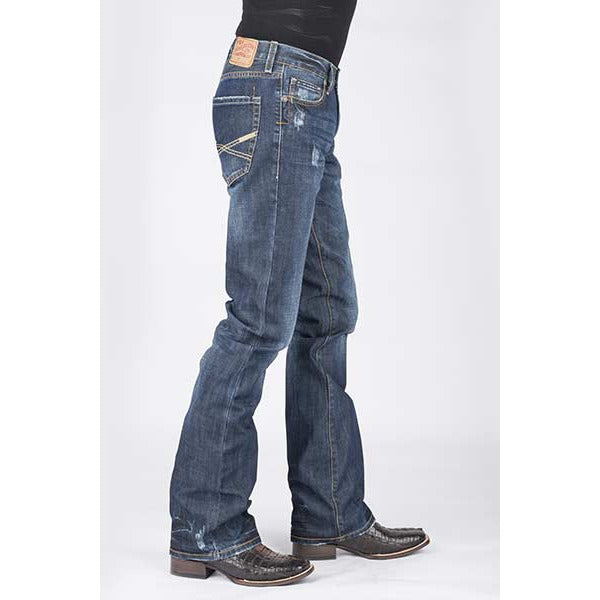 Men's Stetson Jeans Rocks Fit Dark Wash W/destruction "X" Embroidered On Pockets - Blue - yeehawcowboy