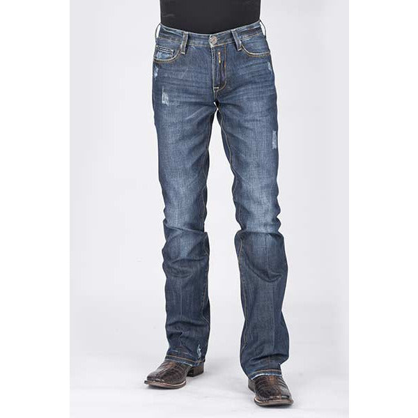 Men's Stetson Jeans Rocks Fit Dark Wash W/destruction "X" Embroidered On Pockets - Blue - yeehawcowboy