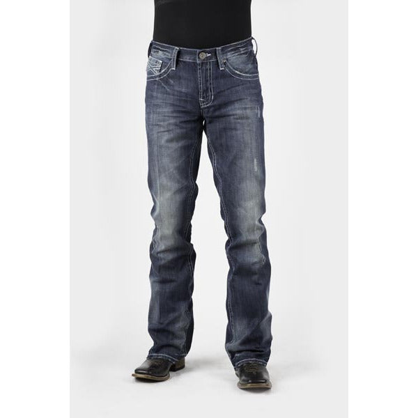 Men's Stetson Jeans Rocks Fit Med Wash W/white "X" Back Pocket Decoration - Blue - yeehawcowboy