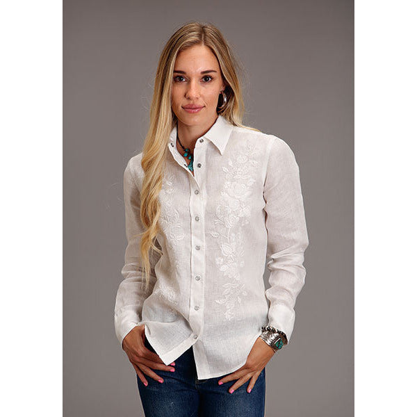 Women's Stetson White Tonal Stripe Linen Blouse - White - yeehawcowboy