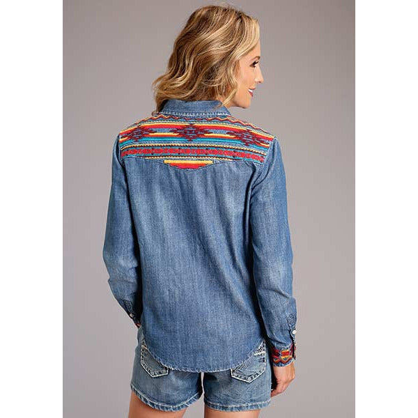 Women's Stetson Lightweight Denim Blouse with Embroidery -  Blue - yeehawcowboy