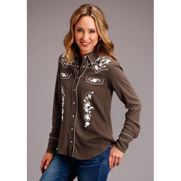 Women's Stetson Rayon Crepe Western Snap Front Blouse - Chocolate - yeehawcowboy