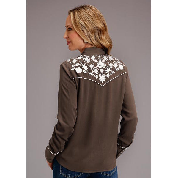 Women's Stetson Rayon Crepe Western Snap Front Blouse - Chocolate - yeehawcowboy
