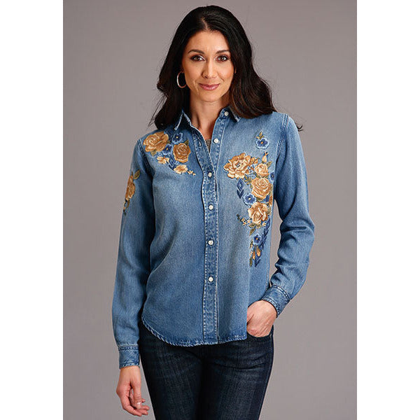 Women's Stetson Lyocel Denim Shirt Floral Embroidery - Blue - yeehawcowboy
