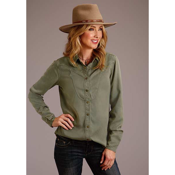 Women's Stetson Olive Twill Snap Front Western Blouse - Green - yeehawcowboy