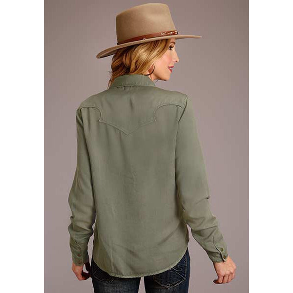 Women's Stetson Olive Twill Snap Front Western Blouse - Green - yeehawcowboy