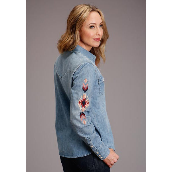 Women's Stetson Light Weight Denim Blouse with Embroidery -  Blue - yeehawcowboy