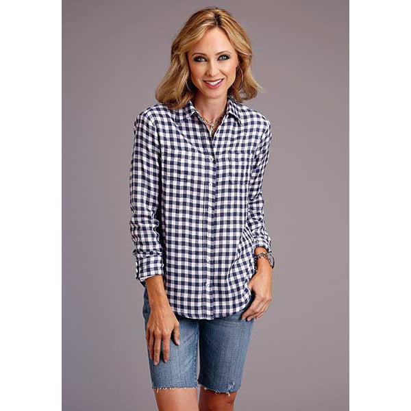 Women's Stetson Double Sided Gingham Plaid Blouse - Navy - yeehawcowboy