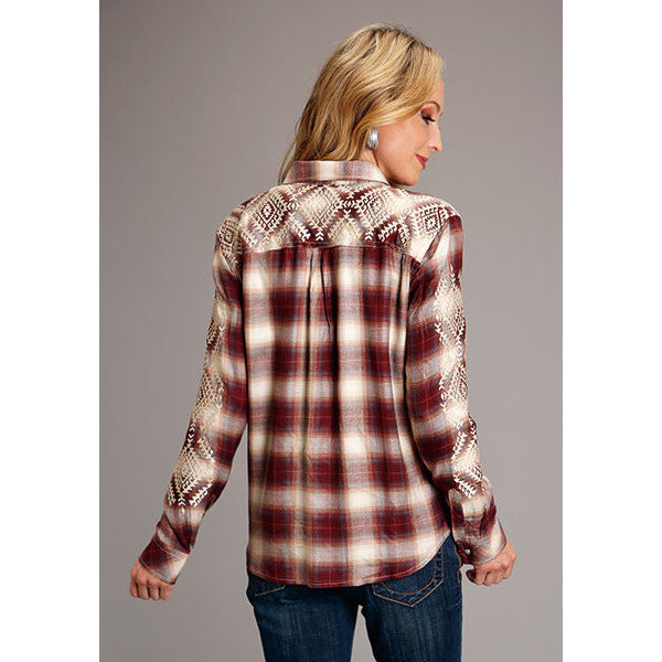 Women's Stetson Black Cherry Ombre Plaid Twill Button Front Collared Blouse - Red - yeehawcowboy