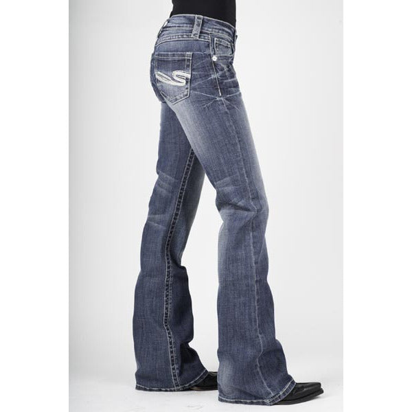 Women's Stetson 816 Classic Boot Cut Jean with Heavy White "S" Deco Pocket - Blue - yeehawcowboy