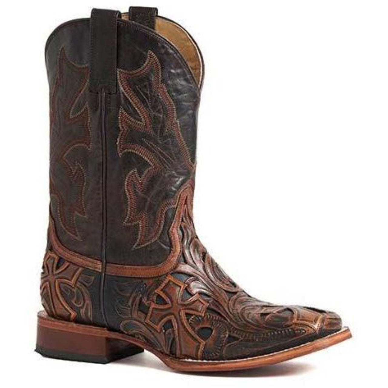 Men's Stetson Handtooled Cross Leather Boots Handcrafted Brown - yeehawcowboy