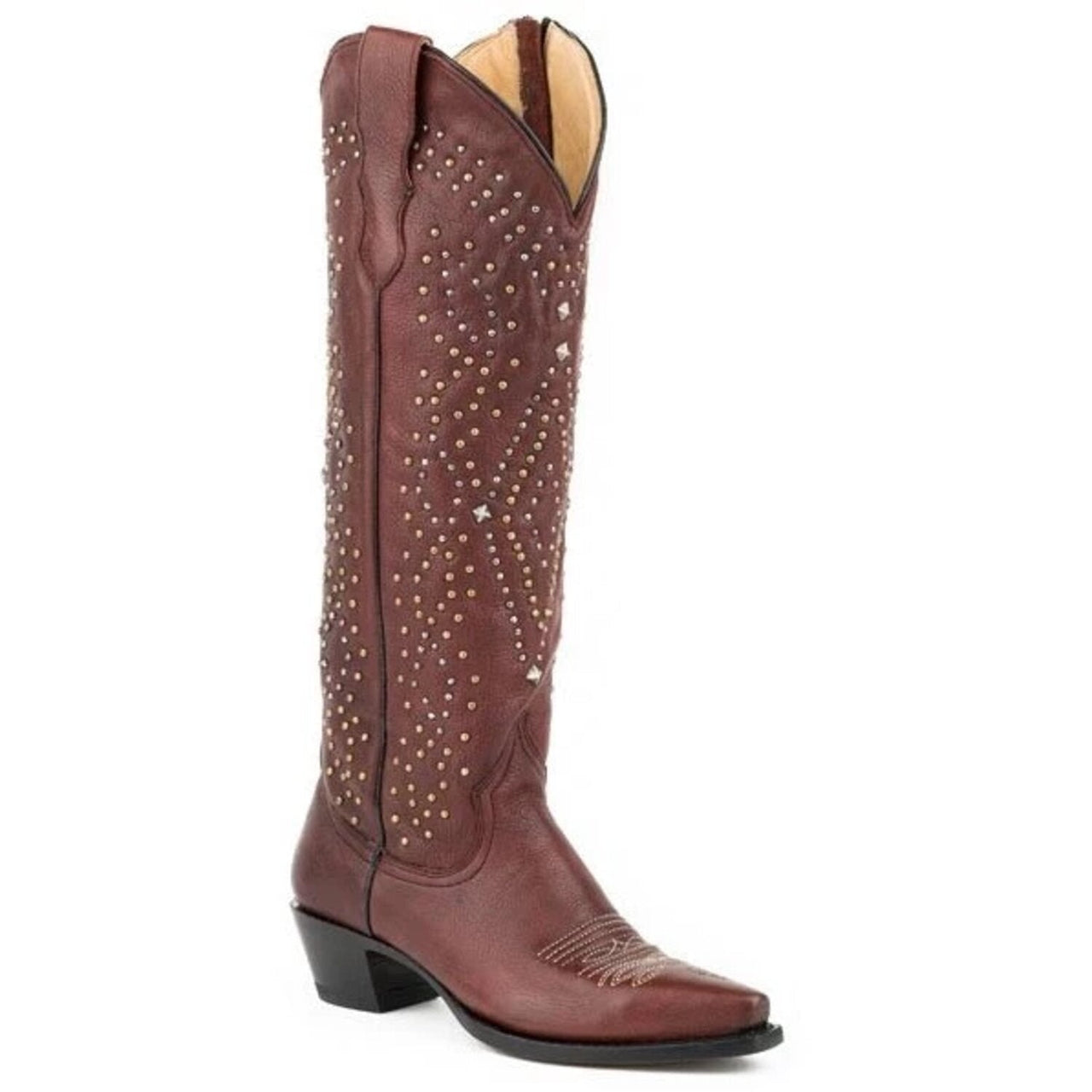 Women's Stetson Crystal Knee High Boots Snip Toe Handcrafted Brown - yeehawcowboy