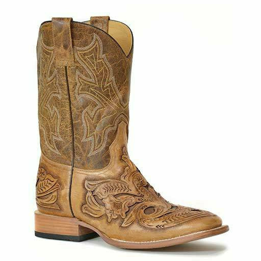 Men's Stetson Handtooled Wicks Leather Boots Handcrafted Brown - yeehawcowboy