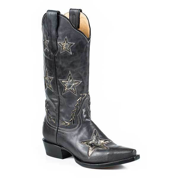 Women's Stetson Star Leather Boots Handcrafted Black - yeehawcowboy