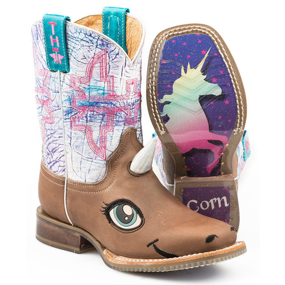 Kid's Tin Haul Unicorn Boots with My Ride Sole Handcrafted Tan - yeehawcowboy