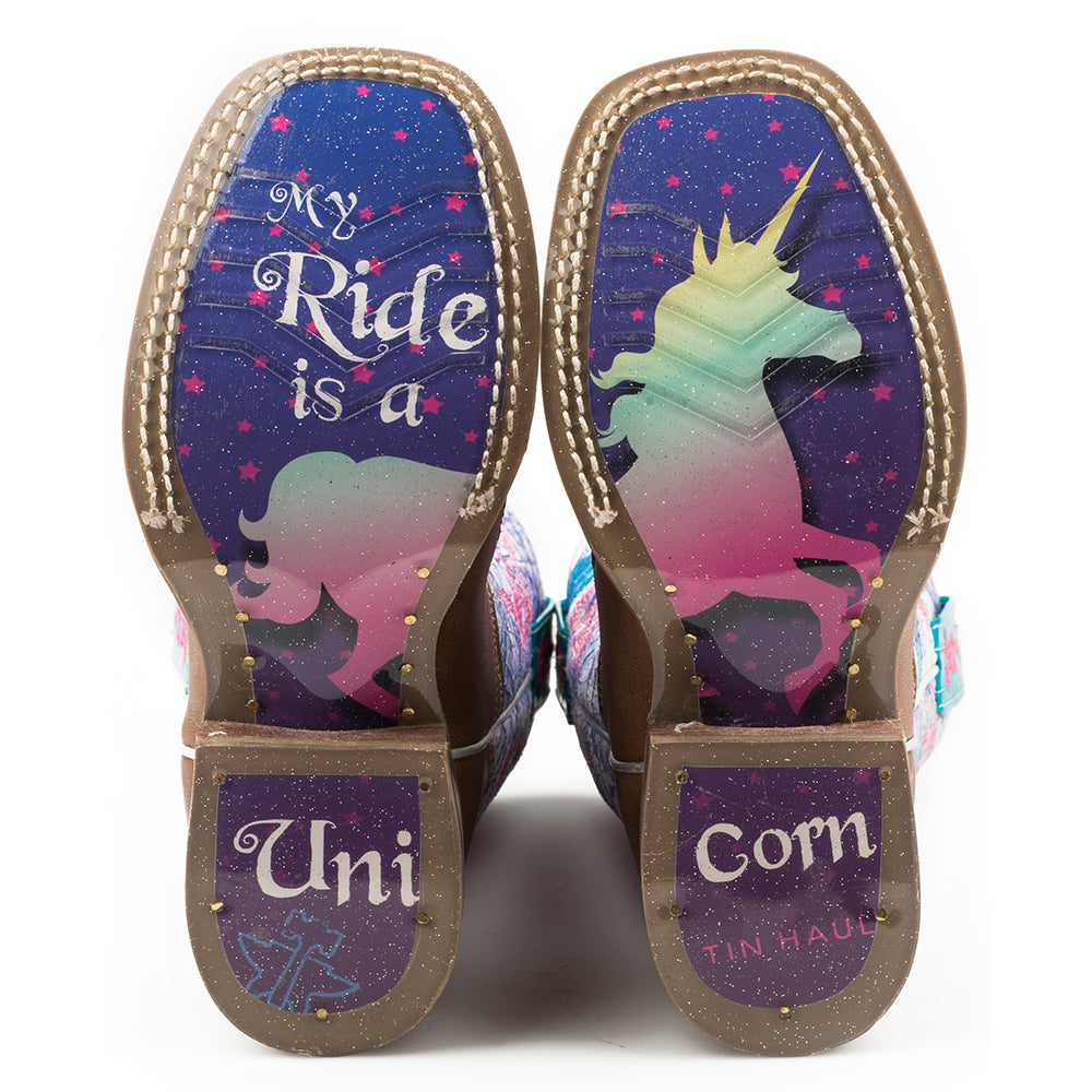 Kid's Tin Haul Unicorn Boots with My Ride Sole Handcrafted Tan - yeehawcowboy