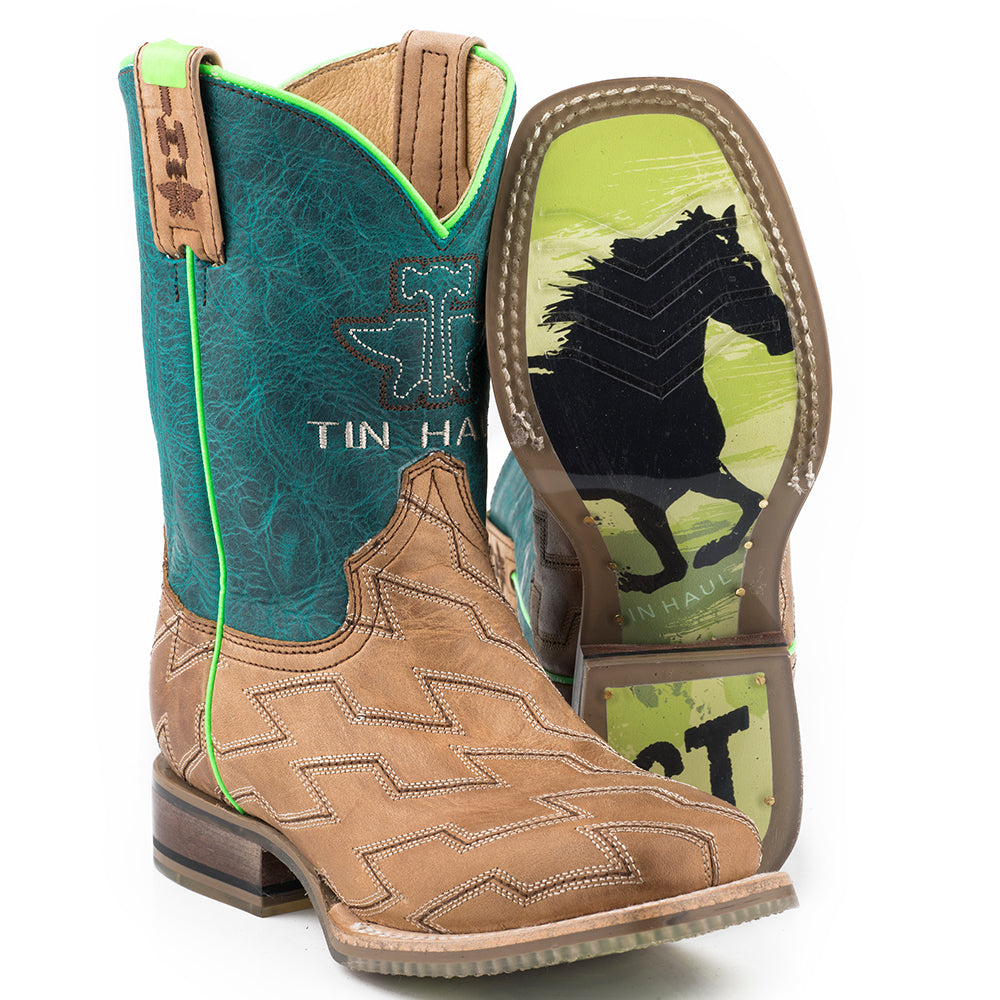 Kid's Tin Haul Horse Power Boots Handcrafted Tan - yeehawcowboy
