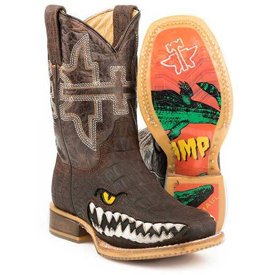 Kid's Tin Haul Swamp Chomp Boots Handcrafted Brown - yeehawcowboy