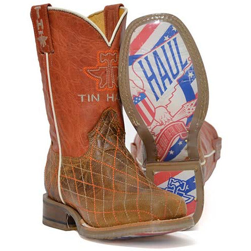 Kid's Tin Haul Crossed Boots With Bald Eagle Sole Handcrafted Tan - yeehawcowboy