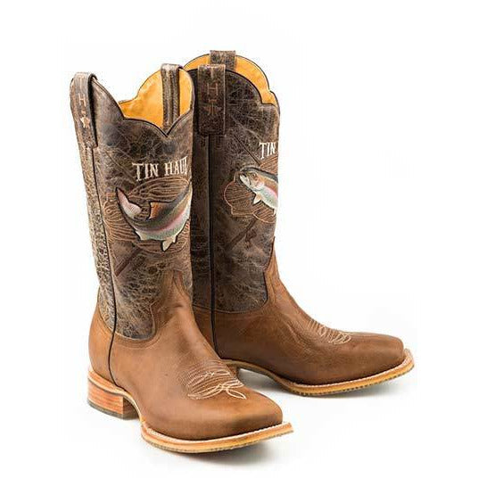 Men's Tin Haul Alpha Angler Boots with Fishing Lure Sole Handcrafted Brown - yeehawcowboy